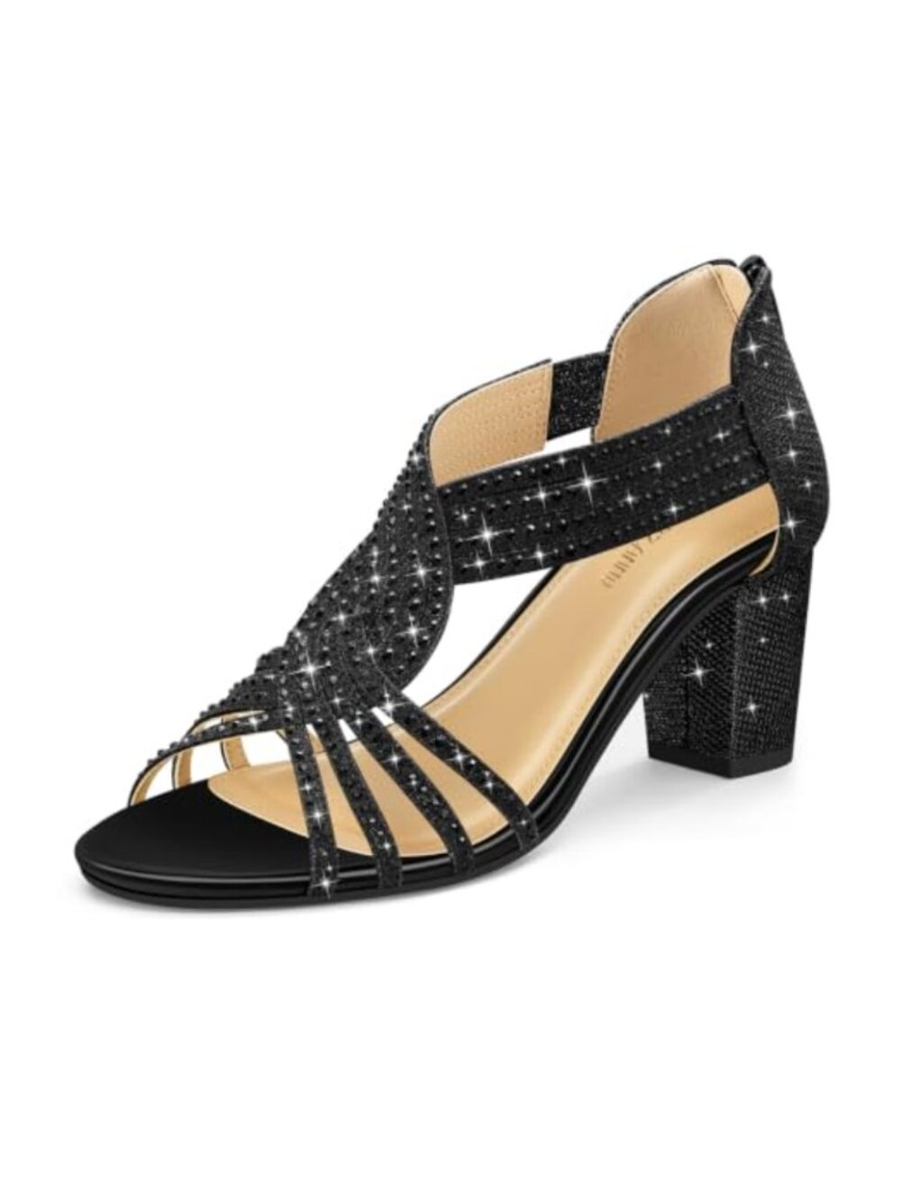 Women's Low Block Heel Sandals with Rhinestone Open Toe Ankle Strap